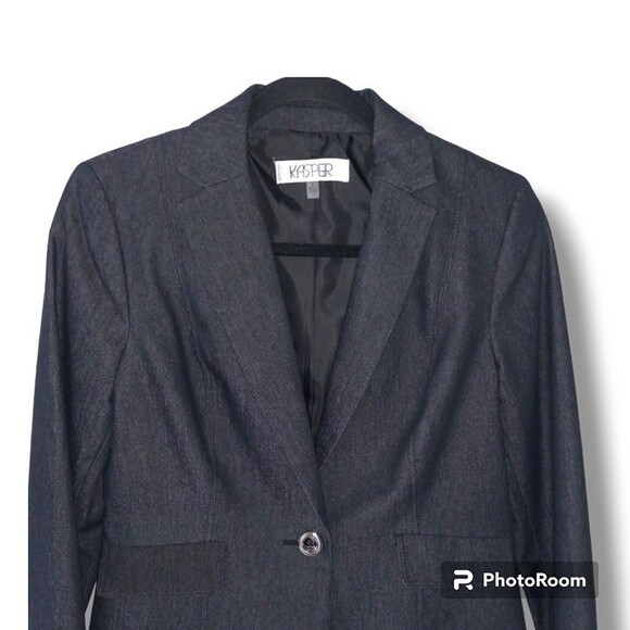 Kasper One Button Chambray Blazer-Size 6-Cotton Blend-Notched Collar-Career - Picture 2 of 9